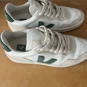 Veja V-90 Women’s Leather White and Dark Green Sneakers